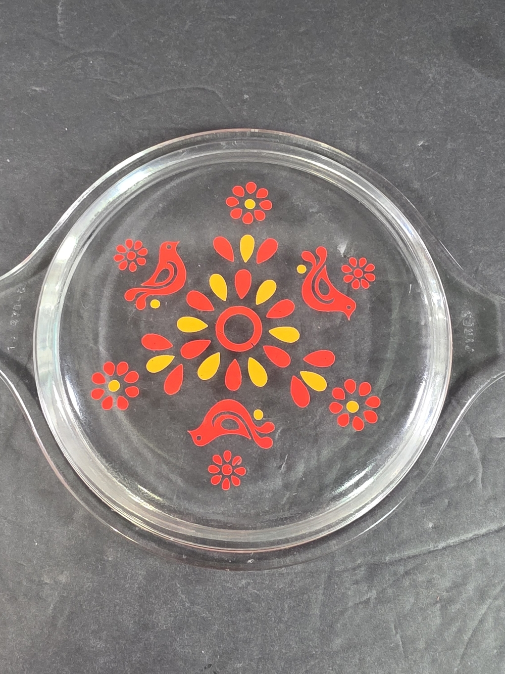 470-C Pyrex Friendship Birds Clear Glass Round Casserole Lid Red Orange